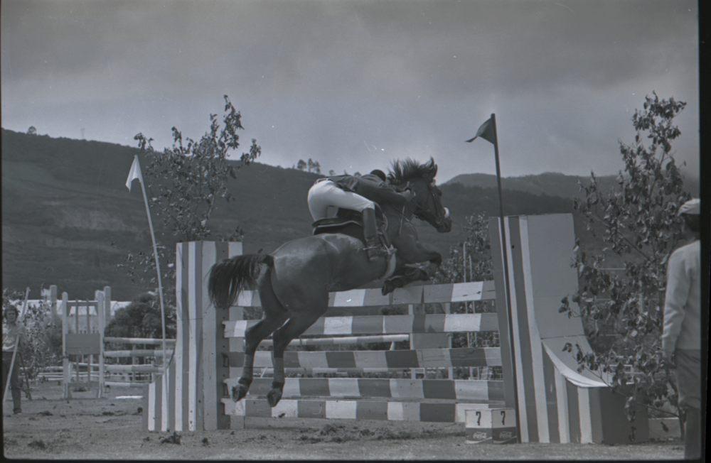 Ecuestre, Concurso Club El Rancho, junio 25, 1978.Esta fotografía ejemplifica como más allá de una simple labor de reportería, Caicedo entendió su labor fotográfica deportiva como una en la que era posible capturar la esencia del movimiento tanto humano como animal. Esta imagen ejemplifica además el registro del 'instante decisivo' que tantas veces podemos ver en su obra.