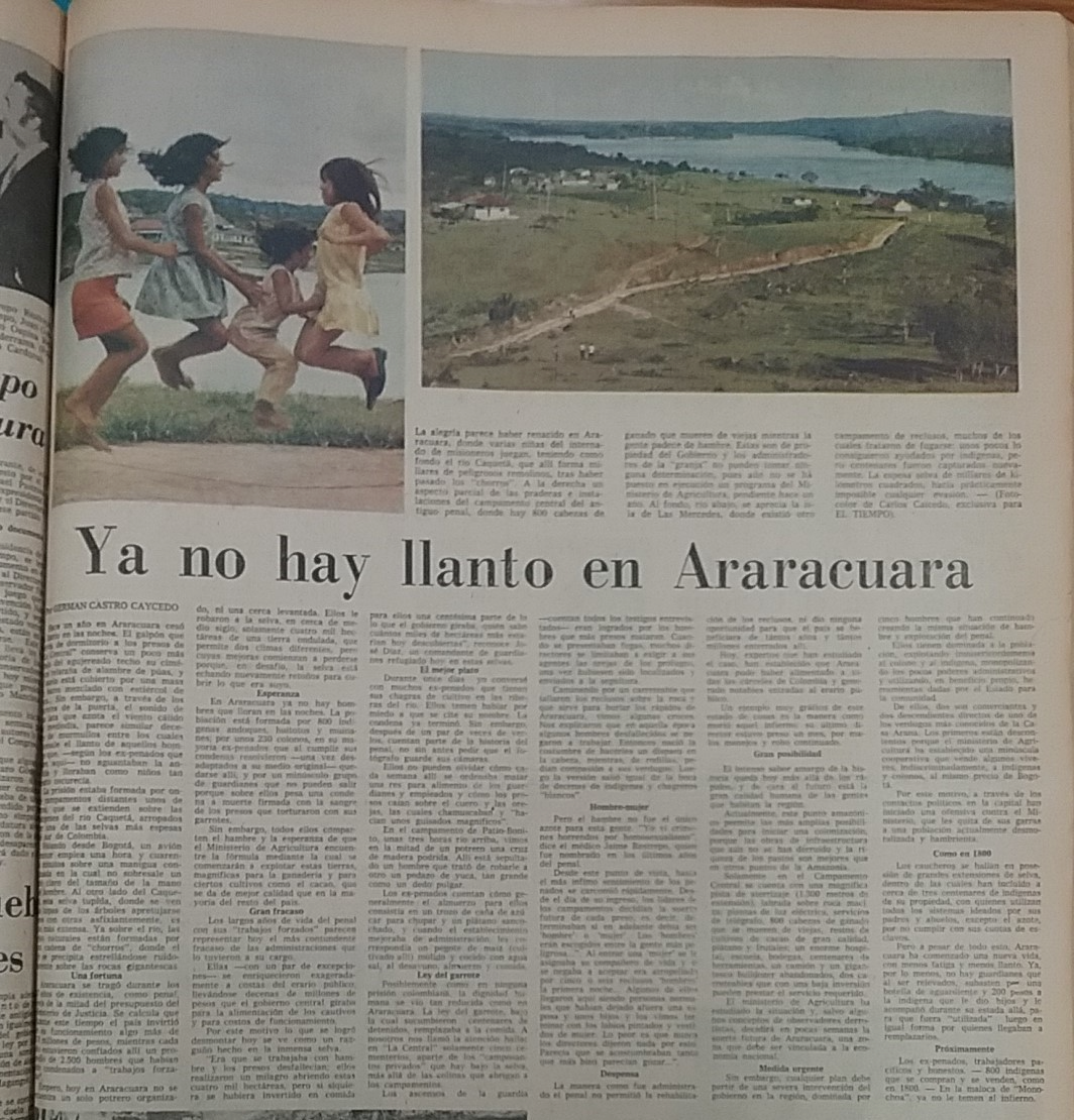 El Tiempo, 15 de noviembre de 1972, 1B. Detalle de la crónica "Ya no hay llanto en Araracuara" de Germán Castro Caycedo y dos fotos a color tomadas por Carlos Caicedo de Araracuara.